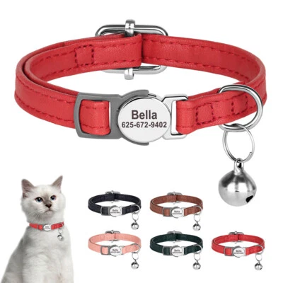 Collar de Gato de Cuero Personalizado Personalizado Nombre de Cachorro Grabado Ajustable con Campana Foto 1 de 4