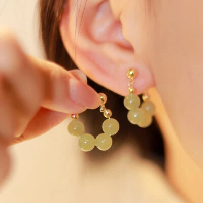 Natural HeTian Jade Earrings Sweet Women Vintage Chinese Earclip Stud Eardrop - Image 1 of 4