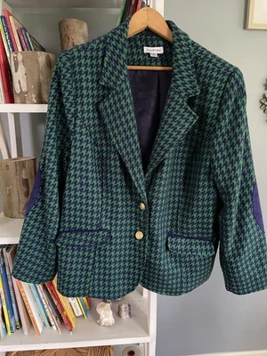 Joan Rivers Classic Blazer Jacket Houndstooth Patch Blue Green  Academia 16 - Image 1 of 4