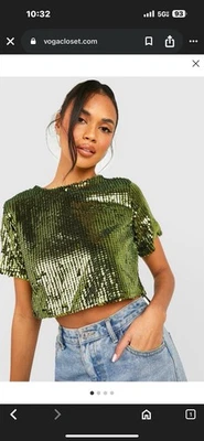 Top corto Boohoo verde lentejuelas espalda abierta para mujer talla 6 nuevo con etiquetas Foto 1 de 4