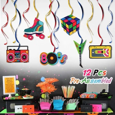 80 年代派对装饰套件 - 12 件 1980 年代复古箔天花板悬挂漩涡 St... — 第 1/4 张图片