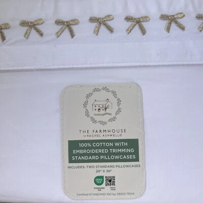 RACHEL ASHWELL Embroidered Gold Bows White Standard PILLOWCASES COTTON Set of 2 - Image 1 of 4