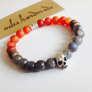 MEN'S NATURAL GEMSTONE LABRADORITE MATTE ORANGE AGATE COCO BEADED SKULL BRACELET - Picture 1 of 4