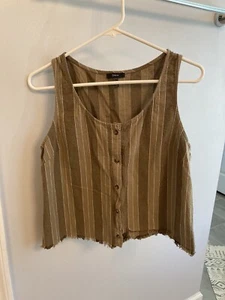 Drew Tank Top Womens Large Green Striped Button Up Raw Hem Cotton Scoop Neck - Picture 1 of 5