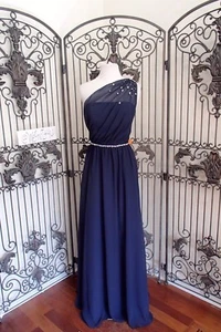 2851 ALFRED ANGELO NAVY SZ 10 STYLE 8109LN $284 LONG CHIFFON GOWN DRESS - Picture 1 of 11