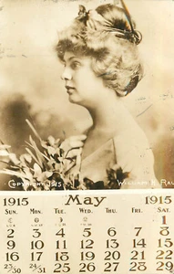 RPPC Postal Mayo 1915 Calendario William Rau Estudio Fotográfico Mujer Con Ramo - Imagen 1 de 2
