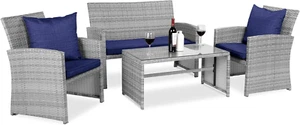 4-Piece Outdoor Patio Set with Cushions & Coffee Table, Gray/Navy Wicker - Picture 1 of 12