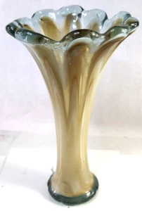 Unique Vintage 3 color Amber, Vaseline & Green, Caramel Swung Stretch Vase 11 in - Picture 1 of 12