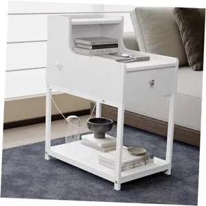 End Table with USB Charging Ports, Side Table with Storage Drawers, White - Picture 1 of 8