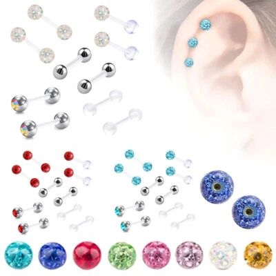 10pcs Acrylic Crystal Ear Stud Cartilage Tragus Bioflex Bar Barbell Piercing Set - Image 1 of 4