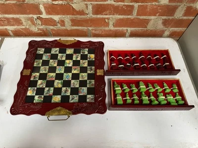 Vintage Chinese Folding Chess Set Hand Carved Cherry Wood Soapstone Dragons - Image 1 of 4