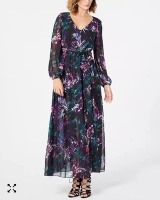 Maxi Vestido Nine West Floral Oscuro Para Mujer Talla 16 Manga Larga Calce y Acampanado Corbata Cintura Foto 1 de 4