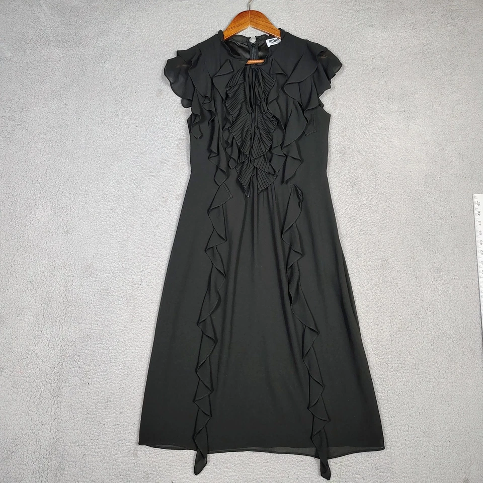 Sonia Rykiel Midi Dress Women's 38 Black Chiffon Ruffle Flutter Sleeve Classic - Image 1 of 4