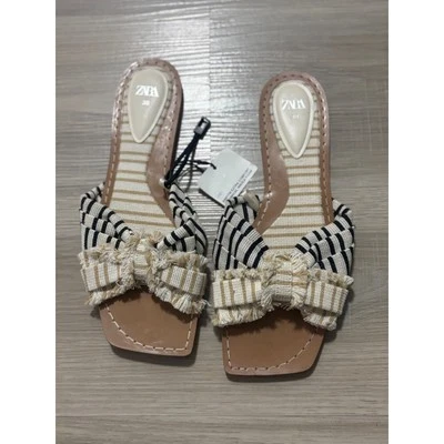 Zara Striped Bow Slides Frayed Detail Slip On Sandals Flats Size 38 - Image 1 of 4