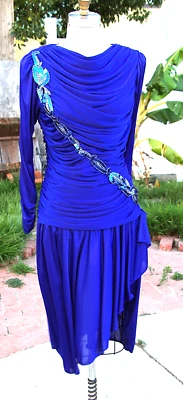 Susan Roselli Vntg 80s Cocktail Dress Cobalt Blue Sequence Gathered Long Sleeve - Image 1 of 4
