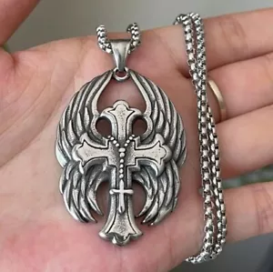Collana Ciondolo Croce Biker Ali Angelo Biker Da Uomo Acciaio Inox - Foto 1 di 5