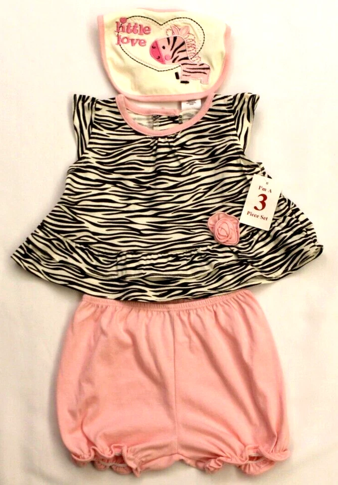 NIÑAS 6-9 Meses 3 Piezas Conjunto (Top Bloomer Babero) Cebra Little Love Fisher-Price Foto 1 de 3