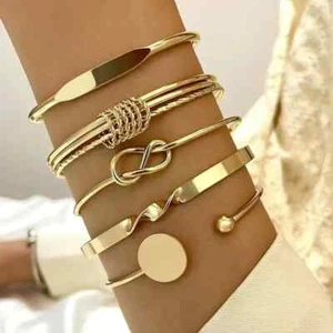 18K Gold Plated High Shine Glossy 5Pcs Open Cuff Bangle Bracelet Set - Picture 1 of 6