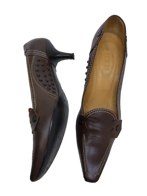 $795 TOD'S 39.5 9.5 Tacones Gatito Penny Mocasín Punta Cuero Marrón Foto 1 de 4