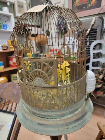 Green Copper Wire Bird Cage with Milk Glass Feeders for a tabletop or hanging Cover
