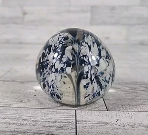 Vintage Murano Style Art Glass Paperweight Sphere Blue & White Flower 2.5" - Picture 1 of 7