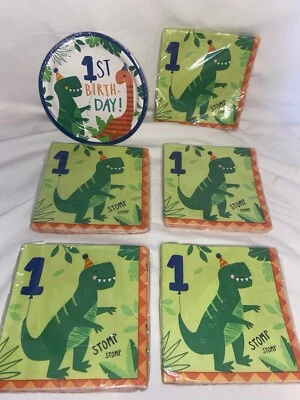 Dino 1st Birthday Napkins And Dessert Plates 80 Napkins And 8 Plates Brand New - Image 1 of 4