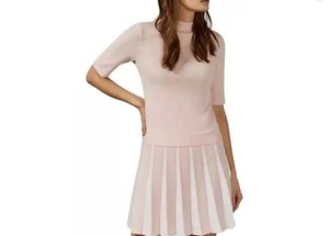 Ted Baker London Hethia Short Sleeve Pink & White Knit Kick Pleated Dress Sz 4 - Picture 1 of 9