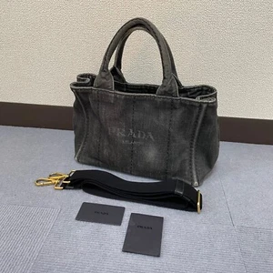 Prada 2way bag Canapa black triangle plate logo gold hardware canvas - Picture 1 of 23