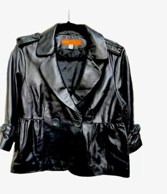 Chaqueta de trinchera corta de cuero negro piel de cordero real Cynthia Steffe cuello con manchas L Foto 1 de 4