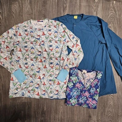Scrub Top Lot 2 Long Sleeve Small 1 Short Sleeve Medium Holiday Elves Butterfly - Image 1 of 4