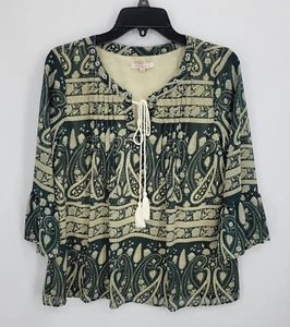 Skies Are Blue Top Womens Medium Green Tan Boho Print Flowy Bell Sleeve Blouse - Picture 1 of 8