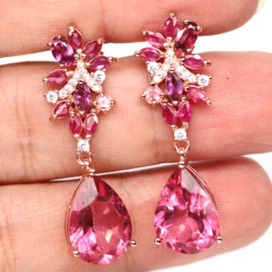 925 Silver 10 x 14 mm. Pink Mystic Topaz, Ruby, Rhodolite & Zircon Earrings - Picture 1 of 4