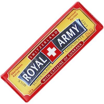 ARMYCHOCOLATE 5 BARS ORIGINAL SWISS ROYAL ARMY CHOCOLATE LAIT WITH GUARANA, MRE, RATION