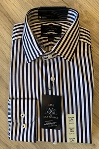 BNWT M&S SARTORIAL MENS SLIM FIT LUXURY COTTON NAVY STRIPED SHIRT 15” STRIPE - Picture 1 of 5