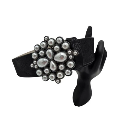 White House Black Market Women's XS Black Pearl Embellished Buckle Dressy Belt - Image 1 of 4