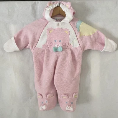 VTG 80s 90s Quiltex Baby Girl Pink Teddy Bear Romper Jumpsuit Hooded Bunting-6M - Image 1 of 4