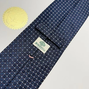 "Corbata de lujo de seda azul oscuro Luigi Borrelli Napoli con diseño de rejilla marrón 60,5 x 3,75"" N" - Imagen 1 de 11