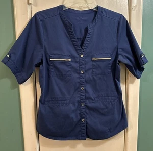 Jaanu Women Blue Button Down Med Peplum Scrub Top 4-pocket J96047 Zipper Accent - Picture 1 of 9