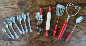 Vintage 1940s German Aluminum & Metal Toy Kitchen Utensils Red Handles 13 Pc Set - Picture 1 of 4