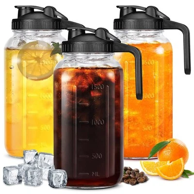 3 Pack 64 Oz Wide Mouth Mason Jar Pitchers with Airtight Lids – Leak-Proof Glass - Image 1 of 4