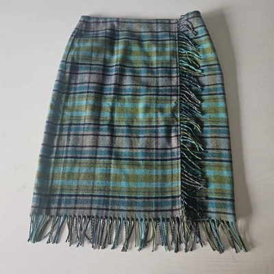 J. Jill Skirt Plaid Wool Blend Wrap Blanket Fringe Gray Green Blue Womens 10 New - Image 1 of 4