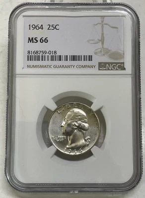 1964 Washington Quarter 25c NGC MS 66 Mint State Uncirculated Coin - Image 1 of 4