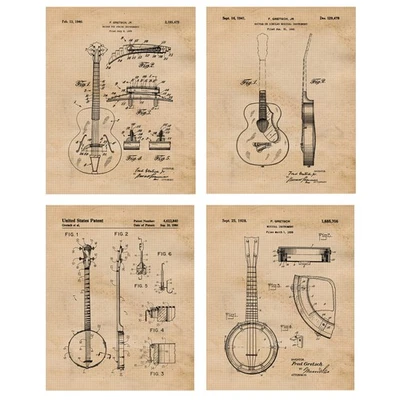 Classic Strings Guitar Banjo Patent Prints, 4 (8x10) Art Decor Home Work Office - Image 1 of 4
