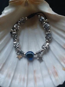 Bracciale regolabile in argento tibetano elefante fortunato e occhio turco sacchetto omaggio - Foto 1 di 4