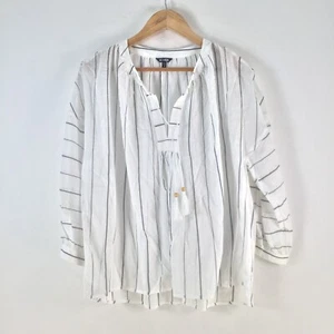 Emerge womens blouse top size 14 white striped 3/4 sleeve sheer Vneck 113119 - Picture 1 of 9