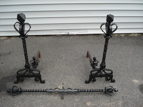Large Antique Wrought Iron Andirons with Crossbar Cover
