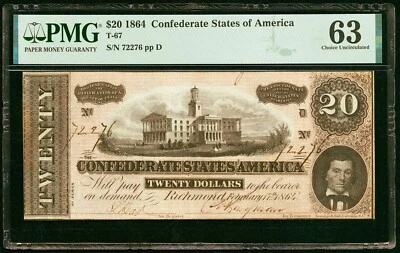 1864 $20 Confederate States of America T-67 - PMG 63 - SUPER HIGH QUALITY - Image 1 of 2