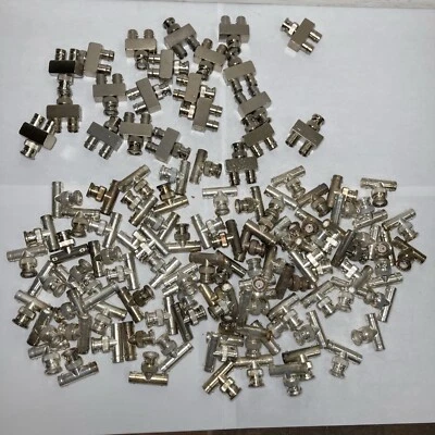 Lot of 100 Nickel Brass BNC Male to 2X BNC Female 3 Way Y RF Adapter Connector - Image 1 of 4