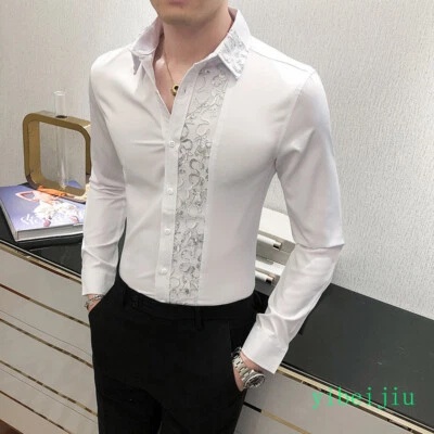 Long Sleeved Lace Shirts Top Korean Slim Fit Dance Men's Clothes Fashion Wedding - Image 1 of 4