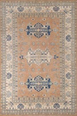 Geometric Super Kazak Living Room Rug 6'x9' Wool Handmade Peach/ Ivory Carpet - Image 1 of 4